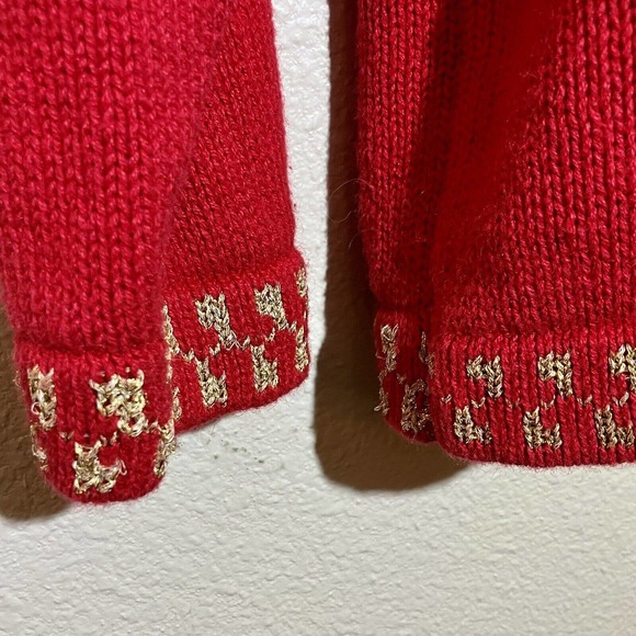 vintage ugly christmas sweater size M teddy bear Gold Lame Appliqué Sequins Red - Picture 6 of 11